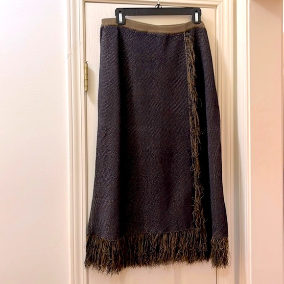 Jcrew A-line midi sweater skirt, light pecan/ navy, fringe wrap sizeL, nwt - Picture 2 of 10